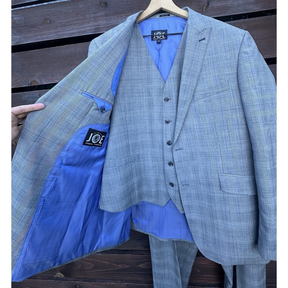 joe joseph abboud 3 Piece Suit Gray Plaid 44L Blazer 40R Pants Plus Vest - Picture 3 of 6
